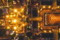 Aerial view of Grand Palace temple in Bangkok Thailand during lockdown covid quarantine at night Royalty Free Stock Photo