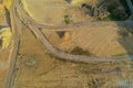 Aerial view Gravel quarrying from the air in a gravel pit