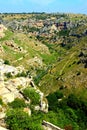 Aerial view of the Gravina river valley between massive canyon rocks near Matera