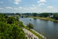 aerial view from great height on wide river and huge bridge of old city Krakow, Poland. 26 july ,2022