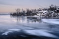 Aerial view of the great river with floating ice floes during the dusk. Drifting of ice. Ice floe. motion blur. I