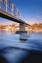 Aerial view of the great river with floating ice floes during the spring day. Drifting of ice. Ice floe. motion blur.