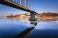 Aerial view of the great river with floating ice floes during the spring day. Drifting of ice. Ice floe. motion blur. I