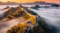 Aerial view of The Great Wall of China misty morning sunrise. Generative Ai