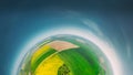 Aerial View Green Countryside Rural Yellow Canola Colza Field Meadow Landscape Sunny Spring Day. Top View Of Beautiful