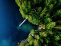 Aerial view of green forest, blue lake and wooden pier with boats in Finland Royalty Free Stock Photo