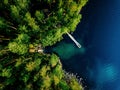 Aerial view of green forest, blue lake and wooden pier with boats in Finland Royalty Free Stock Photo