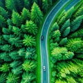 Aerial view green forest with car on the asphalt road