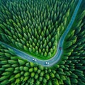 Aerial view green forest with car on the asphalt road