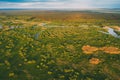 Aerial View Green Forest Woods And River Landscape In Sunny Spring Evening. Top View Of Beautiful European Nature From Royalty Free Stock Photo