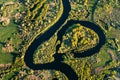 Aerial View Green Forest Woods And River Landscape In Sunny Spring Summer Day. Top View Of Nature, Bird's Eye View Royalty Free Stock Photo