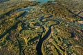 Aerial View Green Forest Woods And River Landscape In Sunny Spring Summer Day. Top View Of Nature, Bird's Eye View Royalty Free Stock Photo