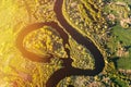 Aerial View Green Forest Woods And River Landscape In Sunny Spring Summer Day. Top View Of Nature, Bird's Eye View Royalty Free Stock Photo