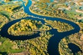 Aerial View Green Forest Woods And River Landscape In Sunny Spring Summer Day. Top View Of Nature, Bird's Eye View Royalty Free Stock Photo