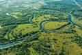 Aerial View Green Forest Woods And River Landscape In Sunny Summer Day. Top View Of Beautiful European Nature From High Royalty Free Stock Photo