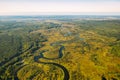 Aerial View Green Forest Woods And River Landscape In Sunny Summer Day. Top View Of Beautiful European Nature From High Royalty Free Stock Photo