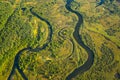 Aerial View Green Forest Woods And River Landscape In Sunny Summer Day. Top View Of Beautiful European Nature From High Royalty Free Stock Photo