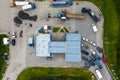 Aerial view of green gas station in the city near the road for cars. The concept of increasing the cost of gasoline and Royalty Free Stock Photo