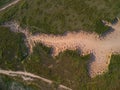 Aerial view of green grass around a sandy ravine formed by rain