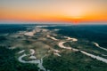 Aerial View Green Meadow And River Landscape In Misty Foggy Morning. Top View Of Beautiful European Nature From High Royalty Free Stock Photo