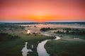 Aerial View Green Meadow And River Landscape In Misty Foggy Morning. Top View Of Beautiful European Nature From High Royalty Free Stock Photo