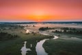 Aerial View Green Meadow And River Landscape In Misty Foggy Morning. Top View Of Beautiful European Nature From High Royalty Free Stock Photo