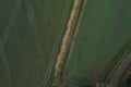 Aerial view of green meadows with a small ditch seperating the two meadows