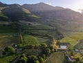 Aerial view of green nature in the mountains of Franschhoek Cape Town, taken by a drone