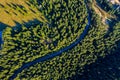 Aerial view of green pine forest and a road Royalty Free Stock Photo