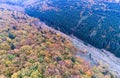 Aerial view, green pine trees , deciduous woods , dirt road Royalty Free Stock Photo