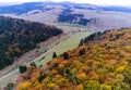 Aerial view, green pine trees , deciduous woods , dirt road in the valley