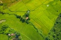 Aerial view of green rice fields and mountains, paddy field at Vang Vieng , Laos. Southeast Asia. Photo made by drone from above.