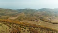 Aerial view of a green rural area under blue sky. Shot. Idyllic green valley natural scenery. Dramatic aerial view of