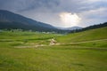 Aerial view of the green rural fields of Gulmarg, Baramulla, Jammu and Kashmir, India