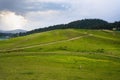 Aerial view of the green rural fields of Gulmarg, Baramulla, Jammu and Kashmir, India