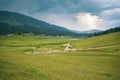 Aerial view of the green rural fields of Gulmarg, Baramulla, Jammu and Kashmir, India