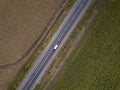 Aerial view of green summer forest with a road. Captured from above with a drone Royalty Free Stock Photo