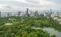 Aerial view of green trees in Lumpini Park, Sathorn district, Bangkok Downtown Skyline. Thailand. Financial district and business