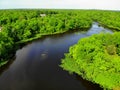 The aerial view of the green trees and water plants along Becks Pond, Newark, Delaware, U.S.A