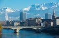 Aerial view of Grenoble cable car with French Alps and bridge