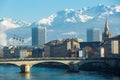 Aerial view of Grenoble cable car with French Alps and bridge Royalty Free Stock Photo