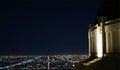 Aerial view of Griffith observatory building facade in night