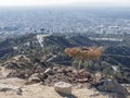 Aerial view of Griffith Observatory and Los Angeles downtown wit