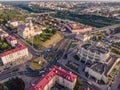 Aerial view of Grodno. Grodno Drama Theater and the Church of the Finding of the Holy Cross, the Neman River and bridges