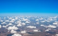 Aerial view of ground. View of ground from airplane window. cumulus clouds, blue sky, brown earth. copy space Royalty Free Stock Photo