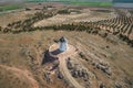 Aerial view of the group of old historic windmills on the hill of Herencia, Consuegra, Spain Royalty Free Stock Photo