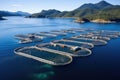 Aerial view of a group of oysters farm in the sea, A salmon fish farm in ocean water near the coast of Streymay Island, AI