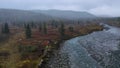 Aerial view of group of people walking along fast flowing river. Clip. Hikers walking through the mossy path leading to Royalty Free Stock Photo