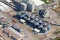 An aerial view of a group of wheat granaries.