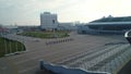 Guards of honor marching in front of Minsk Arena, ice hockey stadium in Belarus